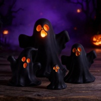 Mini figurines fantômes d'Halloween en résine, collection de statues fantômes avec yeux orange pour décorations de plateaux à plusieurs niveaux pour les fêtes.