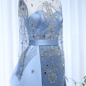 Jancember SZ324 vente en gros asymétrique bleu ceinture strass sirène robes de soirée - Product Image 5