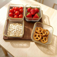Plat à bonbons carré en verre rayé avec bord doré et support en bois de bambou, bol à fruits pour rangement de cuisine, décoration intérieure, centre de table OEM