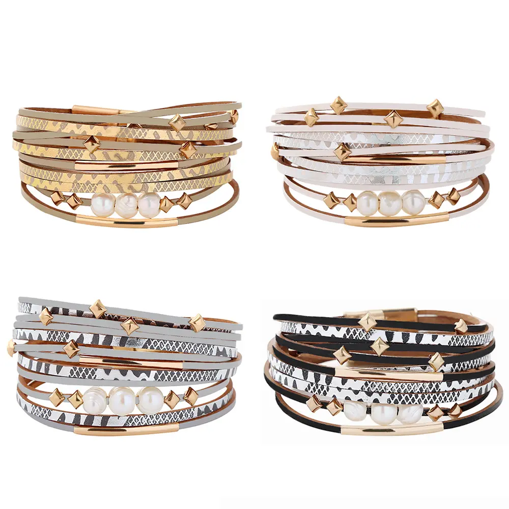 Fashion multi-layer genuine leather wrap bracelets magnet buckle leather cuff bracelet for women