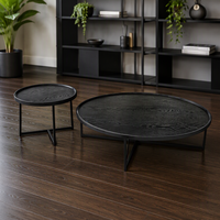 Ensemble de tables basses ovales modernes noires avec plateau en bois grainé et pieds en métal pour salon