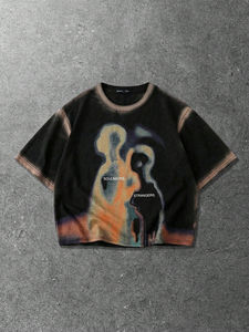 Camiseta negra con lavado ácido de estilo oscuro, oversize, corta, de manga corta, con estampado degradado, transpirable, para verano. - Product Image 1