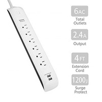 Stop Kontak Ekstensi USA 15A 2 Port USB A 6 Outlet dengan Pelindung Lonjakan Arus, Strip Daya Desktop Bersertifikasi ETL, Kabel 4 kaki