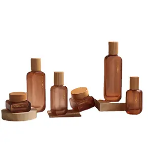 2023 1oz jar /50ml/100ml 120ml flat glass bottle skincare packaging with Beech wooden cap lotion pump /spray/serum oil bottle