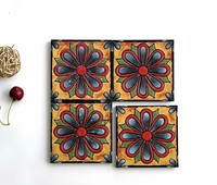Carrelage en mosaïque céramique rustique jaune, rouge et bleu à motifs floraux 100x100mm, émaillé, résistant à l'usure, pour murs et sols intérieurs, garantie 3 ans