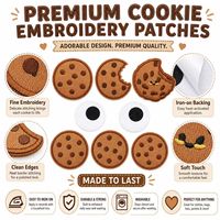 Lot en gros de patchs brodés thermocollants et à coudre, motif cookie aux pépites de chocolat mordu avec yeux boule, mignons et amusants, sur le thème de la nourriture