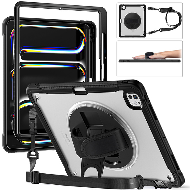 Shockproof Rugged Hybrid TPU Tablet Case for iPad Pro 13 2024 Bumper Cover With Shoulder Strap Rotating Hand Strap and Kickstand