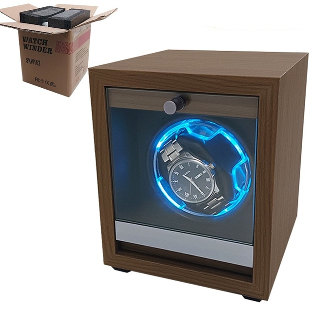 Single Auto Stop LED Watch Winder with Black Walnut Wood Exterior Gray PU Leather Interior Chain Motor Case