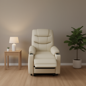 Fauteuil inclinable massant électrique en cuir véritable crème avec télécommande, un siège, design contemporain - Product Image 2