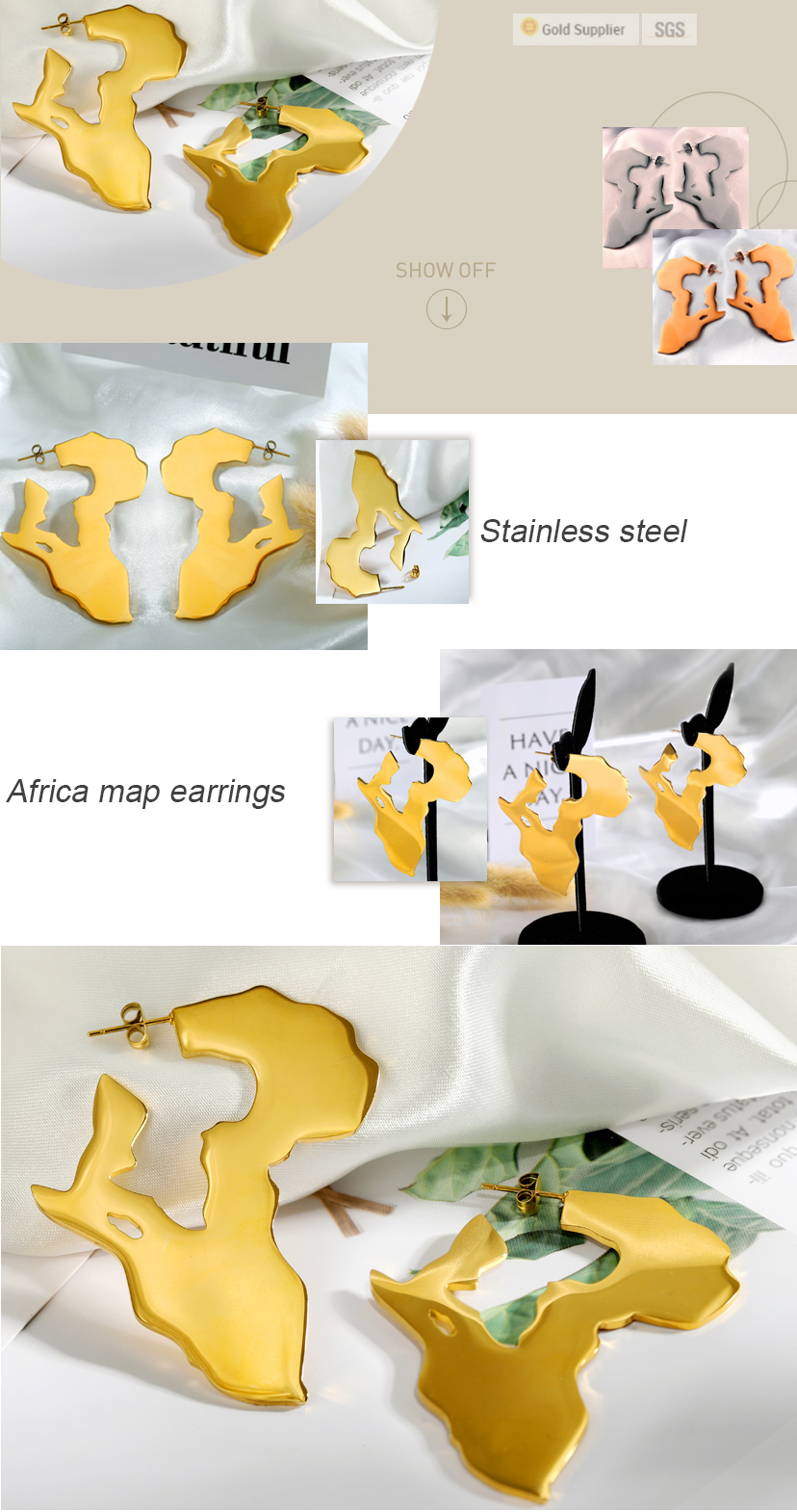 african large oversized earring jewelry stainless steel custom gold plated 110 mm africa map earrings