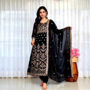 Black Embroidered Anarkali <b>Suit</b> With Dupatta Floor-Length Traditional Indian Pakistani <b>Women</b> Party Wear Loose Fit - Product Image 1