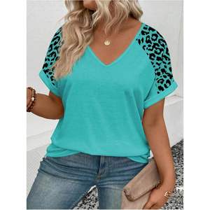 Camiseta de Manga Corta Personalizada para Mujer, Talla Grande, Cuello en V, Tejida en Poliéster, Top de Verano, Manga Regular - Product Image 5