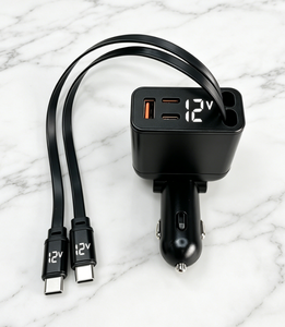 Dual Retractable Cable Car Charger 18W QC3.0 Fast Charging Phone Station with LED Display 4 in 1 Multi Port Factory Bulk - Product Image 1