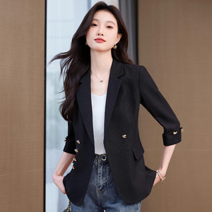 Women's Blazer Black Solid Color Polyester Three-Quarter Sleeve Anti-Wrinkle Casual Style - Product Image 1