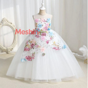 MS Floral Embroidered <b>Tulle</b> Flower Girl Dress, Princess Wedding Gown for Kids Performance Costume - Product Image 1