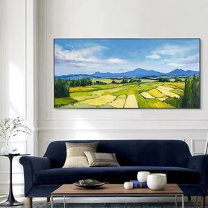 Pintura al Óleo Abstracta, Cielo Azul con Nubes Blancas, Montañas en el Lejano Horizonte, Campos en Cosecha, Paisaje Pastoral Texturizado - Product Image 4