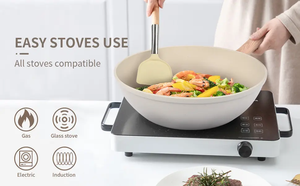 جملة طقم أواني طهي 12 قطعة جرانيت أبيض غير لاصق بمقبض خشبي وهيكل معدني، جاهز للحث مع أغطية زجاجية - Product Image 4