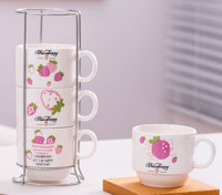 Ensemble de 4 tasses à café empilables de 170ml avec support, support durable et élégant, y compris métal, camping, céramique blanche, style américain