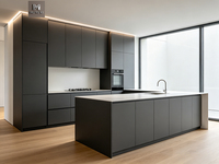 Set Kabinet Dapur Bentuk L Desain Minimalis Modern, Furnitur Lengkap Ukuran Kecil, Unit Kabinet Melamin Hitam dengan Wastafel