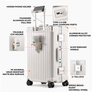 新製品 20インチ & 28インチ 機内持ち込み対応 スピナーカップホルダー付き アルミフレーム 防水 耐久性 充電可能 受託手荷物スーツケース - Product Image 6