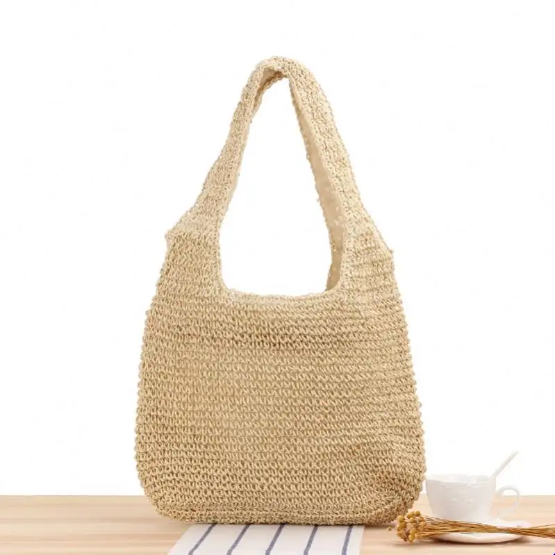 Sıcak Hobos çanta 42*32 cm Lady moda çok renkli doğal popüler tığ el yapımı kağıt saman plaj el çantası satış