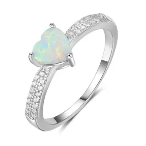 US Jewels Hot Selling Jewelry Heart Shape White Opal Ring 925 Sterling Silver Rhodium Plated Rings For Women