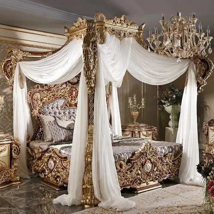 Luxury Style Royal Imperial Hand Made European Rococo Gold Leafing Antique Bed for Master Bedroom