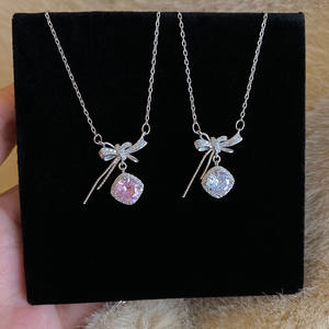 Collar de Plata de Ley S925 con Lazo para Mujer, Estilo Ligero y Lujoso, Cadena de Hueso de Serpiente Exquisita, Colgante de Cristal - Product Image 1