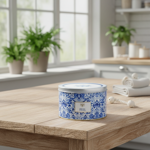 Kontensan ER1447E 175x110mm Round <b>Metal</b> <b>Tin</b> Box with Slip Lid 2.5L Azulejo-Inspired Blue & White Decorative Pattern <b>Tin</b> Baskets - Product Image 3