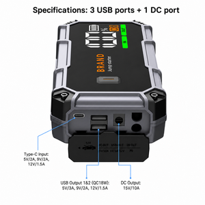 Démarreur d'urgence portable 1000A de crête, 10000mAh, avec écran LCD numérique, sortie 15V CC, 3 ports USB et lampe torche LED - Product Image 4