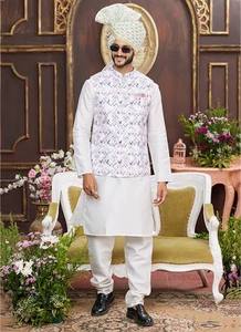 Kurta Pajama Traditional Ethnic Wear Embroidered <b>Waistcoat</b> Set Festive <b>Wedding</b> Party Outfit Comfortable Cotton Clothing - Product Image 3