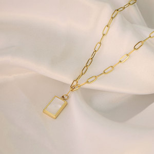French Style Minimalist White Seashell Square Pendant Necklace 18K Gold Plated Titanium Steel Everyday Wear Geometric Design - Product Image 3