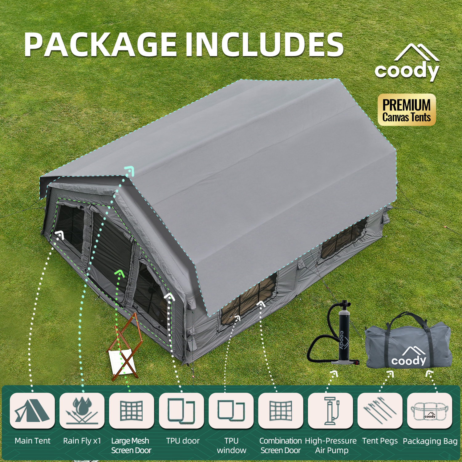 Coody Familia 17.2 エアテント - グレー大型キャンプ用UV保護