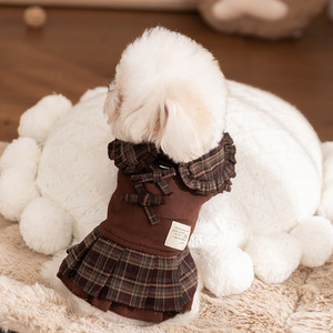 Plaid <b>Dog</b> Dress For <b>Small</b> Medium Breeds Four Seasons Warm Polyester Skirt Style With Ruffle <b>Collar</b> And Bow Detail - Product Image 3