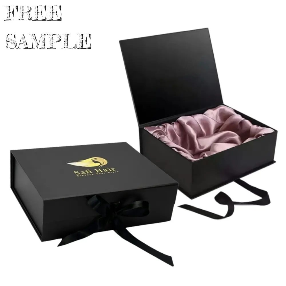 Black Luxury Logo Custom Magnetic Flap Lid Large Pretty Pink Satin Lined Gift Packaging Boxes for Wigs