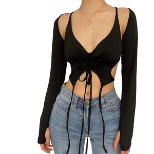 Top Sexy para Mujer, Elástico, de Manga Larga, Cuello en V, Halter, Fruncido, Sólido, 2 Piezas, Tops Cortos para Mujer - Product Image 1
