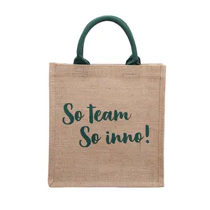 export custom logo printed small price jute gunny bags green handles gift natural jute packsging bag