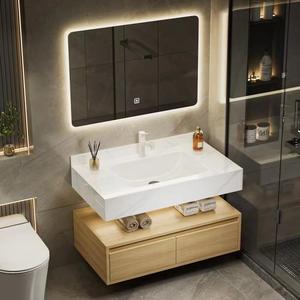Meuble-lavabo de salle de bain en bois massif avec vasque en céramique à double couche, miroir LED et armoire à pharmacie - Product Image 3
