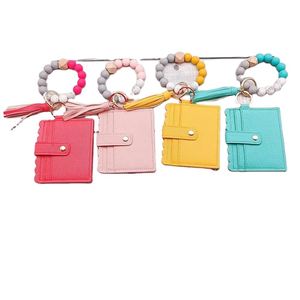 Silicone Bead Wristlet Wallet Keychain Wallet Card Holder Pu Leather Key Chains Tassel Lady Coin Purse <strong>Keyring</strong> Wristlet Key <strong>Ring</strong> - Product Image 6