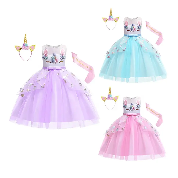 2022 Wholesale Princess Dress Summer Lace Flowers Girls Unicorn Ruffles Girl Clothing Costume Birthday Party Unicorn Dress