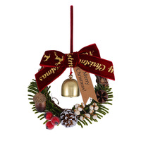 Mini couronne de Noël suspendue, ornement en velours avec nœud, clochette, cône de pin, baies, verdure artificielle, décoration d'arbre