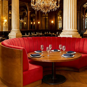 Curved Red Velvet Upholstered Restaurant Booth Seating Semi Circular Corner Banquette Booth With <b>Round</b> Solid Wood <b>Dining</b> <b>Table</b> - Product Image 2