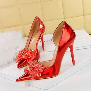 Zapatos de Mujer Azules, de Charol Verde, con Punta Puntiaguda, Adorno de Lazo con Pedrería, Tacones Altos Rojos - Product Image 3