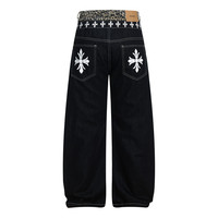 Jean pour femme YUANBOFEI en denim brut noir avec ceinture imprimée léopard, motif graphique croisé, coupe large, style Hip Hop Y2K Streetwear
