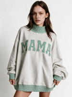 Sweat-shirt à col montant brodé patchwork pour femme, en molleton de coton, manches longues, design patchwork vintage, pull-over OEM