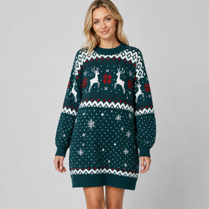 FNJIA Women Knit <strong>Christmas</strong> <strong>Dress</strong> Reindeer Snowflake Poinsettia Jacquard Crew Neck Women <strong>Dress</strong> Festive Knitwear OEM Custom Design - Product Image 1