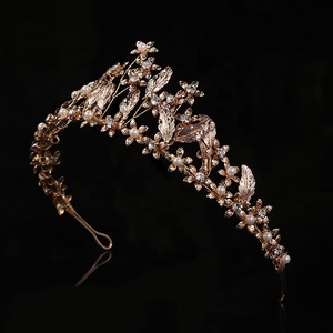Accesorios para el cabello <span class=keywords><strong>de</strong></span> cristal hechos a mano <span class=keywords><strong>de</strong></span> alta calidad diadema nupcial boda hojas doradas princesa Tiara corona - Product Image 5