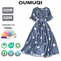 Robe midi portefeuille ceinturée à pois, tissée, à taille naturelle, avec logo personnalisé, marque privée, faible MOQ, OEM ODM, vente en gros, directement de l'usine