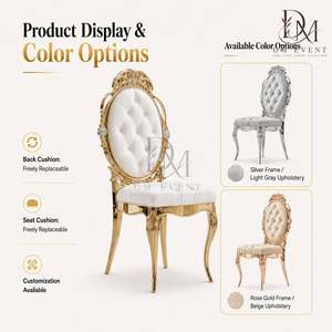 Chaise de mariage baroque capitonnée à dossier ovale en acier inoxydable doré avec coussin blanc pour événements de mariage et banquets – Sièges événementiels - Product Image 4