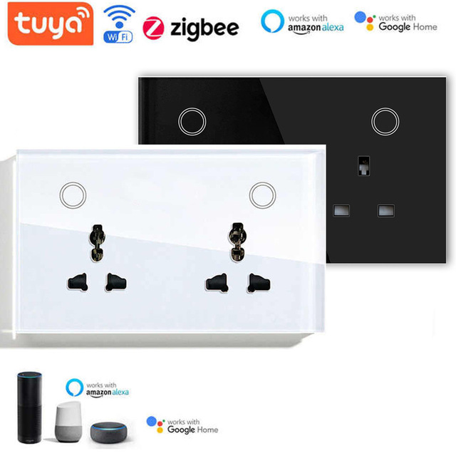 Smart USB Type-C Wall Sockets Remote Control Home Automation Universal 2 Outlets Switches Zigbee Network IP66 Tempered Glass